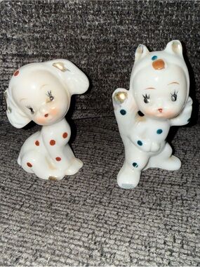 VTG Vintage Kawaii Polka Dog & Squirrel Costume Ceramic Figurines Made in Japan